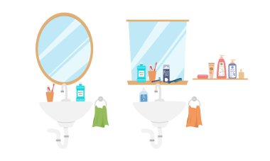 Düz stil vektör illüstrasyonunda banyo unsurları. Lavabo, diş fırçası, diş macunu, ayna, ağız gargarası, jilet, tıraş kremi, şampuan, klipli el kremi. Tuvalet malzemeleri konsepti