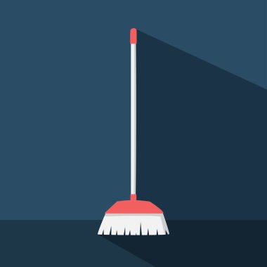 Plastik süpürge ve düz stil vektör çizimi. Tuvaletin zeminini temizlemek için basit süpürge ya da klip karikatürü, elle çizilmiş karalama. Temizleme servisi vektör tasarımı