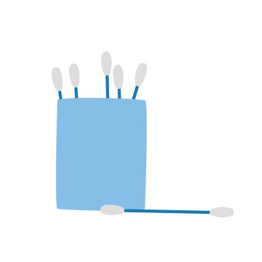 Düz stil vektör çiziminde pamuk tomurcukları. Plastik kutuda basit pamuklu çubuklar. Çizgi film stili, el yapımı karalama stili. Ev içi sevimli vektör çizimi