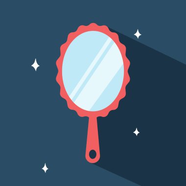 Düz çizimde uzun gölgeli el aynası. Kadınlar için basit makyaj aynası çizgi film stili, el çizimi karalama tarzı. Şirin vektör illüstrasyonlu ayna