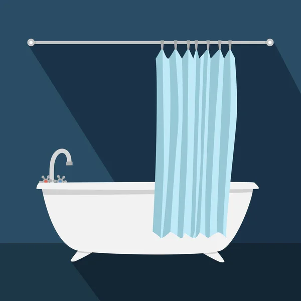 フラットスタイルのベクトルイラストで長い影を持つセラミック浴槽 オープンブルーのカーテンクリップ漫画スタイル 手描きのドアスタイルとシンプルな白い浴槽 かわいいベクトルデザインイラスト — ストックベクタ