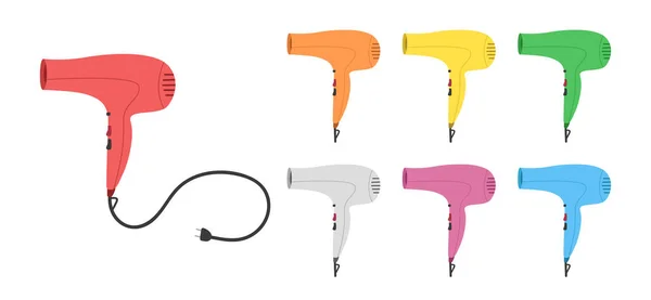 Set Mehrfarbiger Haartrockner Flacher Vektorillustration Einfacher Elektrischer Trockner Zum Trocknen — Stockvektor