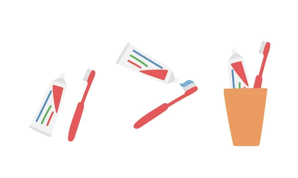 Zahnbürste Zahnpasta Und Bechervektorset Einfache Zahnbürste Und Zahnpasta Einer Tasse — Stockvektor