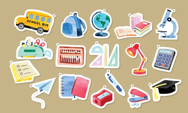 Adorable School Supplies Clipart Cartoon Stickers Set School Bus Globe — Stock Vector