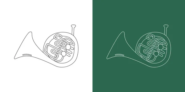 フランスのホーンラインの漫画のスタイルを描く 真鍮楽器白と黒板の背景に隔離された線形スタイルでフランスのホルンクリッパードローイング 楽器のクリップコンセプト ベクトルデザイン — ストックベクタ