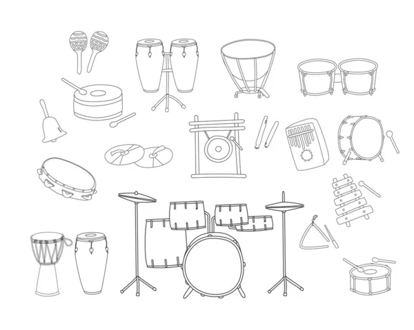 Hudební Bicí Nástroje Čára Kreslení Vektor Set Tambourine Snare Drum — Stockový vektor