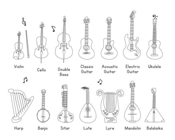 Conjunto Vetores Desenho Linha Instrumentos Corda Musical Violino Violoncelo Contrabaixo — Vetor de Stock