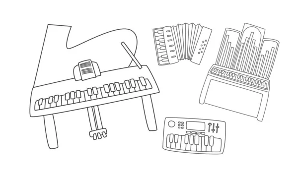 電気キーボード線図面ベクトル設計 白とチャークボードの背景に隔離された線形スタイルで楽器のキーボードピアノクリップドローイング 楽器クリップコンセプト — ストックベクタ