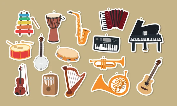 Instrumenty Muzyczne Clipart Naklejki Kreskówki Zestaw Xylophone Saksofon Werbel Tamburyn — Wektor stockowy