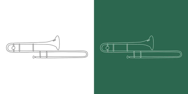漫画のスタイルを描くトロンボーンライン 白とチャークボードの背景に隔離された線形スタイルで真鍮楽器トロンボーンクリップドローイング 楽器のクリップコンセプト ベクトルデザイン — ストックベクタ