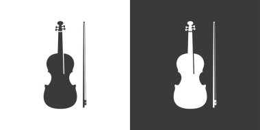 Keman yassı web simgesi. Keman logosu tasarımı. İp enstrümanı basit keman ve baş işareti silueti rengi ters çevrilmiş. Keman katı siyah ikon vektör tasarımı. Müzik aletleri konsepti