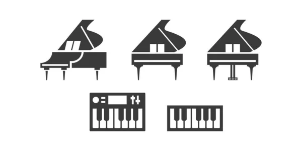 ピアノフラットウェブアイコンセット グランドピアノ キーボード シンセサイザーのロゴデザイン 鍵盤楽器シンプルなグランドピアノサインシルエットソリッドブラックアイコンベクトルデザイン 楽器のコンセプト — ストックベクタ