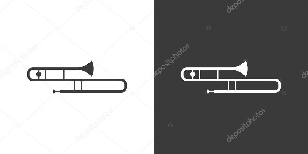 Trombone flat web icon. Tenor trombone logo design. Brass instrument simple trombone sign silhouette icon with invert color. Trombone solid black icon vector design. Musical instruments concept