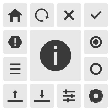 Bilgi simgesi vektör tasarımı. Basit bir akıllı telefon uygulaması simgeleri silueti, koyu siyah simge. Telefon uygulama simgeleri konsepti. Ev, tazeleme, menü, ayar, ayarlama, tamam, iptal, bilgi düğmeleri