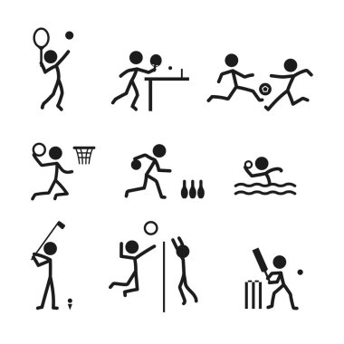 Top sporu ikonu pictogram vektör seti. Çubuk adam sporcu oyuncuları vektör simgesi simgesi pictogram. Tenis, futbol, basketbol, bowling, su topu, golf, voleybol, hokey
