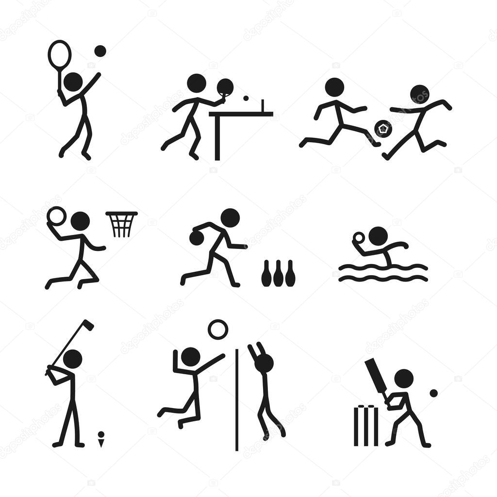 Ball sports icon pictogram vector set. Stick figure men sport players vector icon sign symbol pictogram. Tennis, soccer, basketball, bowling, water polo, golf, volleyball, hockey