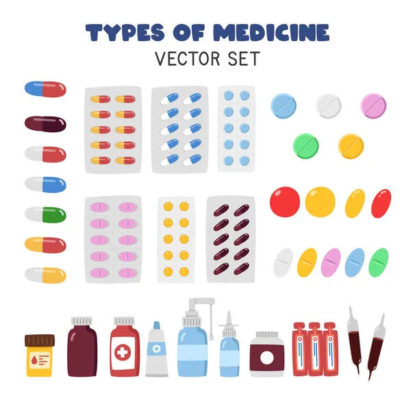 Medicina Plana Vector Conjunto Diferentes Tipos Medicamentos Clipart Estilo Dibujos — Archivo Imágenes Vectoriales