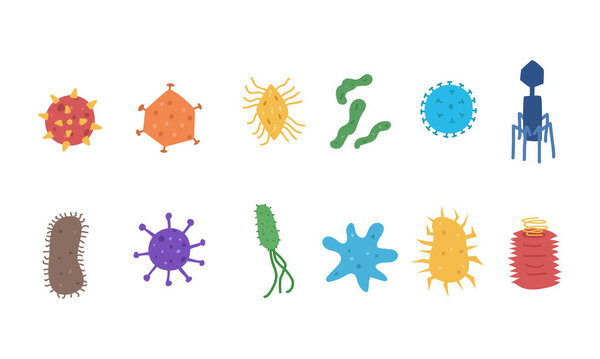 Virus and bacteria vector set. Colorful virus, bacteria, and germs clipart cartoon flat style, hand drawn doodle. Hospital and medical concept