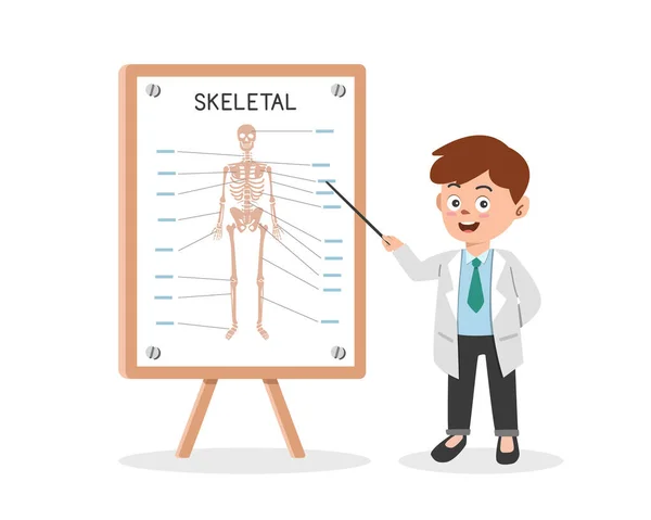 Système Squelettique Clipart Style Dessin Animé Médecin Présentant Système Squelettique — Image vectorielle