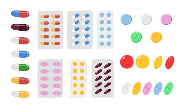 Pilules Médicales Clipart Style Dessin Animé Types Médicament Pilule Plat — Image vectorielle