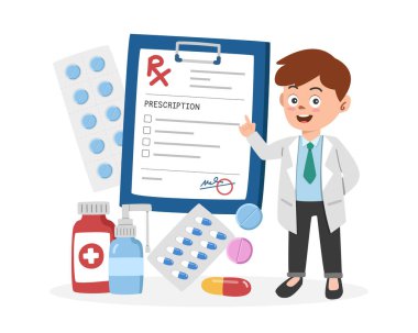 Doktor ve RX çizgi film stili. Doktor RX reçeteli panoya mecidines düz vektör çizimi veriyor. Şişe, hap, tablet, kapsül. Hastane, tıbbi, eczane konsepti