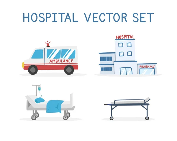 Ziekenhuis Clipart Cartoon Stijl Vector Set Ziekenhuis Ambulance Brancard Patiënt — Stockvector