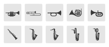 Brass instruments icon set. Trumpet, trombone, tuba, bugle, saxophone, French horn silhouette sign icon symbol pictogram vector illustration clipart