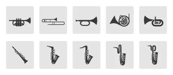 Conjunto Ícones Instrumentos Latão Trombeta Trombone Tuba Bugle Saxofone Silhueta — Vetor de Stock