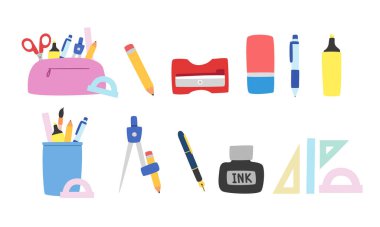 Okul malzemeleri vektörü ayarlandı. Kalem kutusu, kalemtıraş, silgi, fosforlu kalem, mürekkep, pusula, cetvel düz vektör çizim karikatürü. Öğrenciler, sınıf, okula dönüş konsepti.