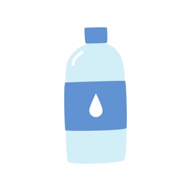 Su şişesi klipsi. Basit mavi su şişesi düz vektör illüstrasyon çizgi film stili, el çizimi karalama. Öğretmen, öğrenci, sınıf, okul malzemeleri, okula dönüş konsepti.