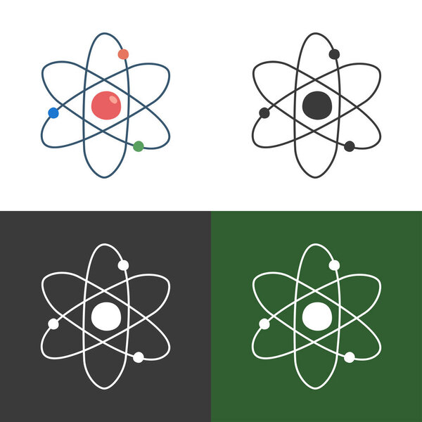 Атомный клипарт. Просто атом на другом фоне стилизует плоскую векторную иллюстрацию в стиле карикатуры, нарисованной вручную. Обучение, классные комнаты, школьные принадлежности, концепция возвращения к школе