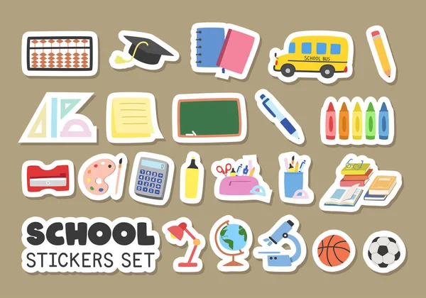 School Levert Stickers Vector Set Soroban Notitieboekjes Plakkerige Notitie Potlood — Stockvector