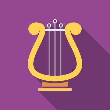 Uzun gölgeli lüks altın Lir düz bir ikon. Basit Tarih simgesi pictogram vektör illüstrasyonu. Antik müzik aleti, kültür, tarih konsepti. Logo tasarımı