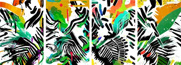 Set of hand drawn abstract nature background. vector colorful watercolor ink doodle tropical leaves flowers, splatters and shapes, background for paper, cover, fabric, interior decor.