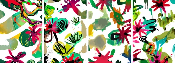 Set of hand drawn abstract nature background. vector colorful watercolor ink doodle tropical leaves flowers, splatters and shapes, background for paper, cover, fabric, interior decor.