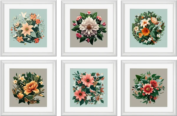 Set of vector illustrations of floral compositions in vintage style. Collection of flowers isolated in frames.