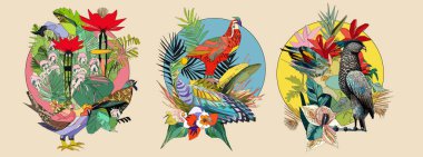 Exotic bird on tree branch with leaves and sun on light beige background. Colorful illustration.