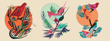 Exotic bird on tree branch with leaves and sun on light beige background. Colorful illustration.