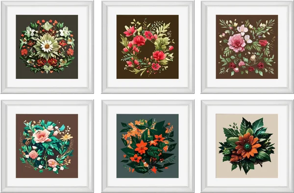 Set of vector illustrations of floral compositions in vintage style. Collection of flowers isolated in frames.