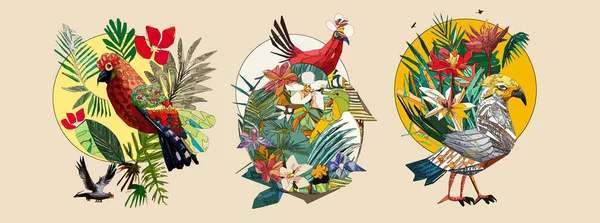 Exotic bird on tree branch with leaves and sun on light beige background. Colorful illustration.