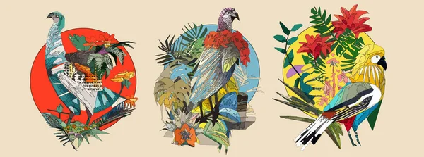 Exotic bird on tree branch with leaves and sun on light beige background. Colorful illustration.