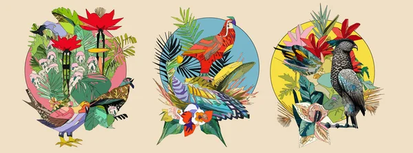 Exotic bird on tree branch with leaves and sun on light beige background. Colorful illustration.