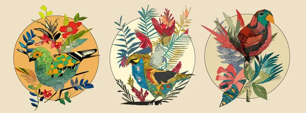 Exotic bird on tree branch with leaves and sun on light beige background. Colorful illustration.