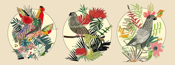 Exotic bird on tree branch with leaves and sun on light beige background. Colorful illustration.