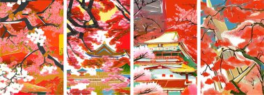 Cherry blossom Japanese background. Beautiful Sakura flowers spring nature art illustration.