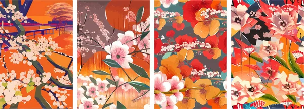 Cherry blossom Japanese background. Beautiful Sakura flowers spring nature art illustration.