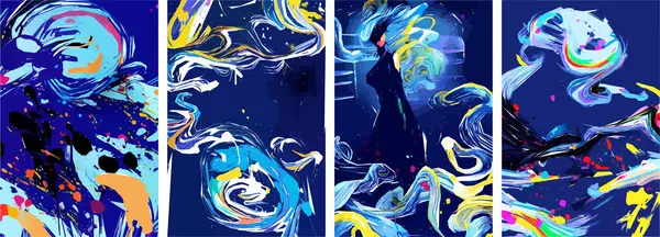 Blue abstract background with gold. Doodle, paint, splatter