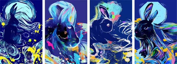 Rabbit on blue abstract background with colorful paint, splatter