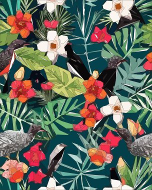 Colorful flowers, plants and leaves. Vector illustrations of flower and bird for classic floral background, wedding invitations and frame