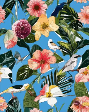 Colorful flowers, plants and leaves. Vector illustrations of flower and bird for classic floral background, wedding invitations and frame